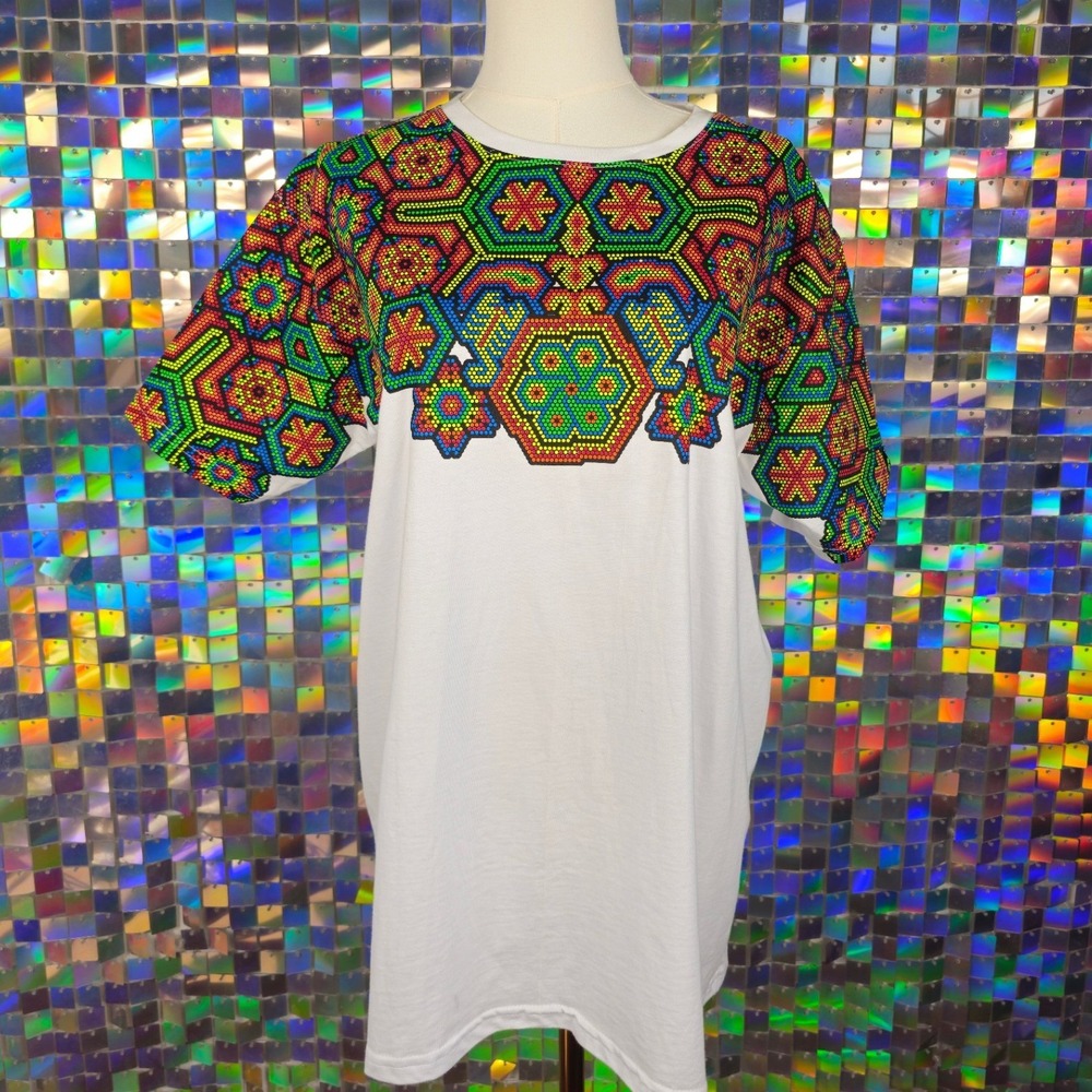 Bee‎ Mistic Huichol Art T-Shirt Mens XL White New Rainbow Geometric Pointillism
